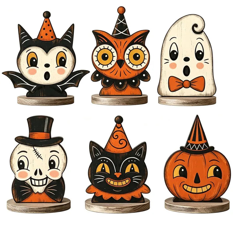 Halloween Wooden Tabletop Sign - Indoor Decor with Ghost Pumpkin Cat Skeleton Owl Housewarming Gift