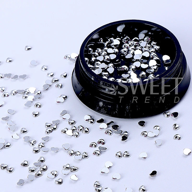 Silver Heart Nail Charms 3D Metal Flat Love Nail Art Decorations Set