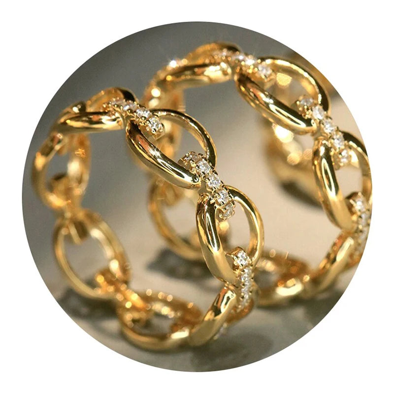 Women’s Chain Link Wedding Engagement Ring with CZ - Versatile Gold Color Jewelry