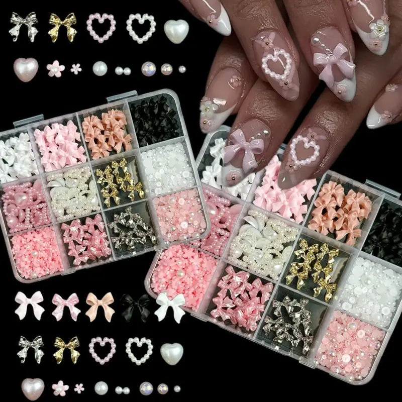 Nail Art Decorations Kit with Resin Bow Charms & Pearls - DIY Manicure Supplies