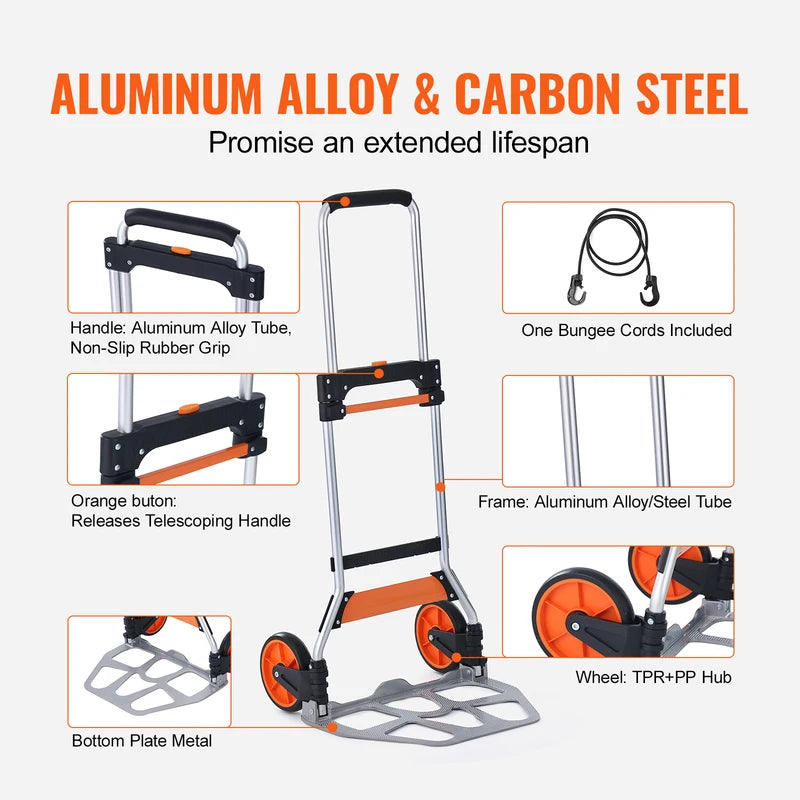 Heavy Duty Folding Hand Truck Cart Dolly with Telescoping Handle and Rope - 176/275/309 lbs Capacity