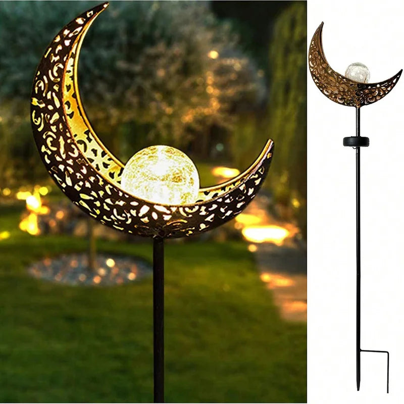 Solar Garden Lights Outdoor Decor Moon Fairy Crackle Glass LED Stake Light