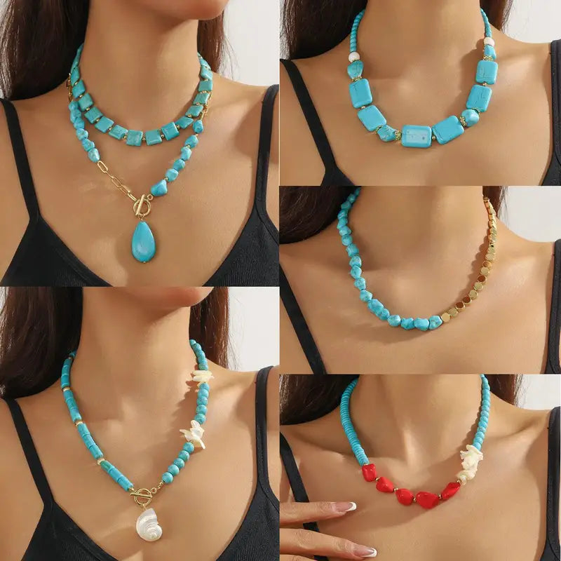 Elegant Turquoise Beaded Necklace for Women with Teardrop Pendant