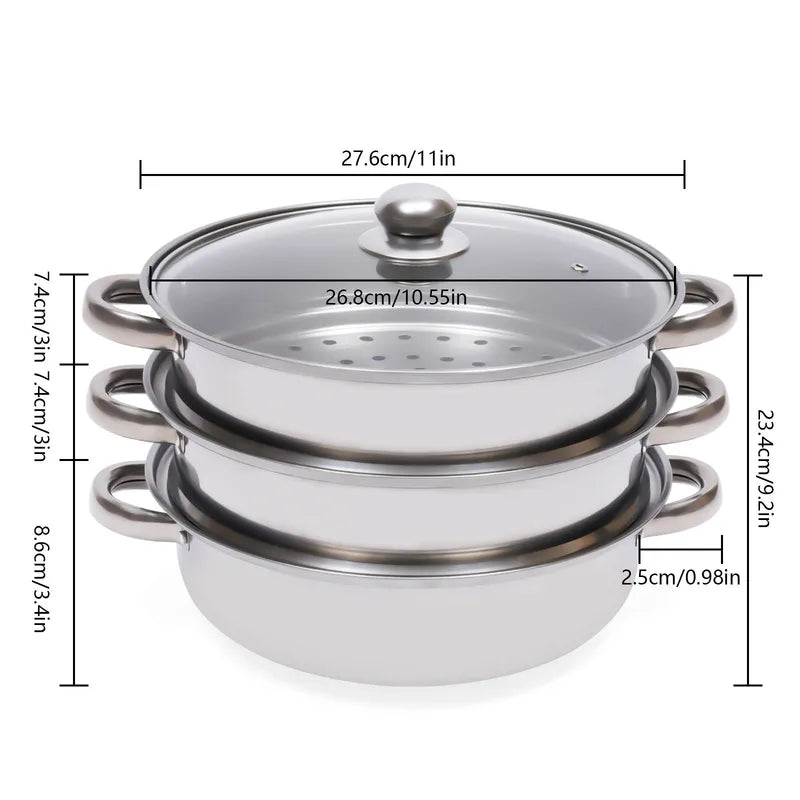 28cm Stainless Steel Multi-Function 3-Tier Steamer Pot for Vegetables Seafood and Soups