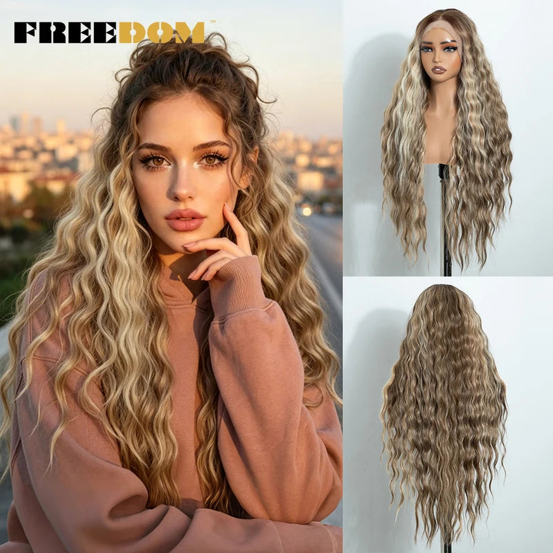 Curly Synthetic Lace Front Wig for Women 13x4 Pre-Plucked Glueless 30 Inch Ombre Brown Blonde