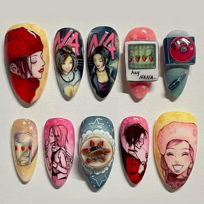 24pcs Colorful Anime Pattern False Nail Tips Almond Press-On Nails Art Set for Girls