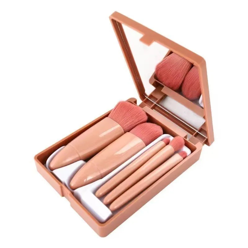 Mini Makeup Brush Set with Mirror - Travel Cosmetic Brushes, 5 Pieces