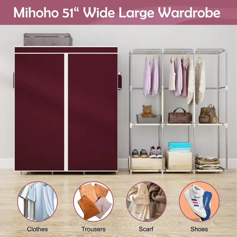 Large Capacity Portable Wardrobe Closet with Shelves & Hanging Rod - Dustproof Cloth Storage Cabinet
