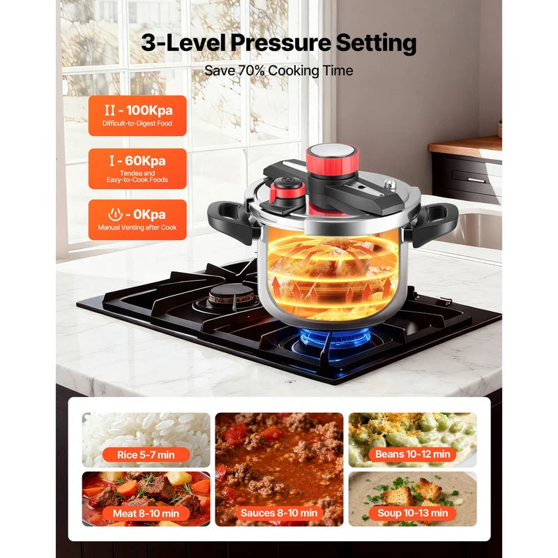 Stainless Steel Pressure Cooker 6.3 Qt with Steaming Rack and Glass Lid - Compatible with Gas, Electric, Induction Stovetops