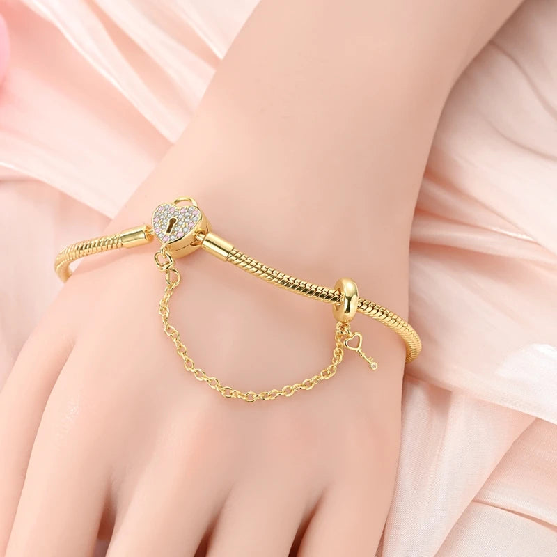 Sterling Silver Charm Bracelet for Women 17-20cm Heart Key Clover Jewelry Gift