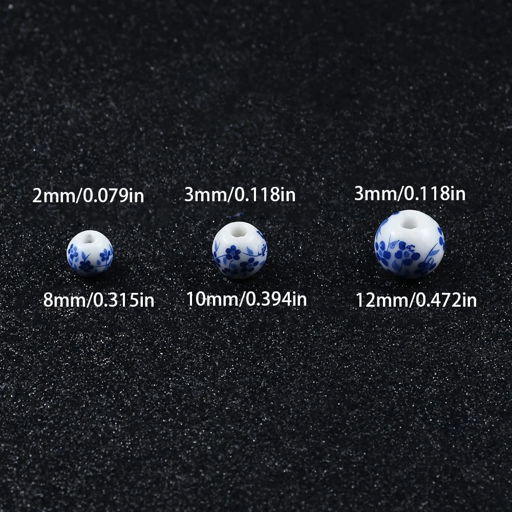 20pcs Vintage Blue and White Orchid Round Ceramic Beads for Jewelry Making