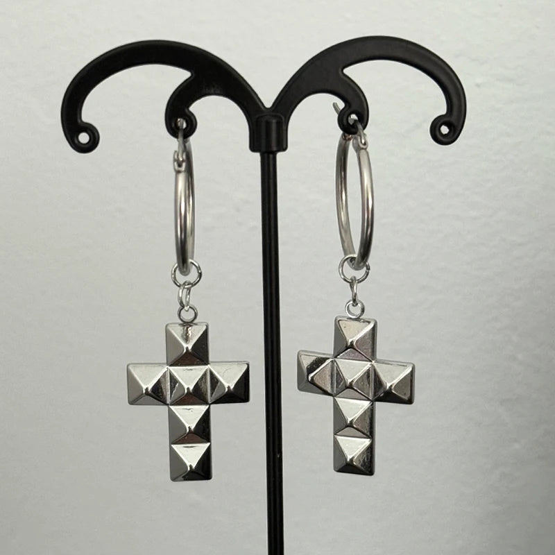 Stainless Steel Punk Cross Earrings for Women - 3D Rivet Gothic Jewelry