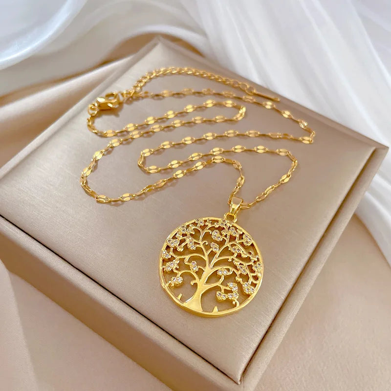 Luxury Rhinestone Tree of Life Pendant Necklace for Women Vintage Stainless Steel Jewelry