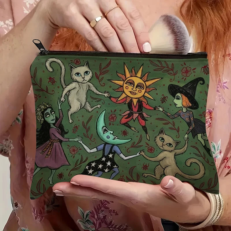Whimsical Witch Cat and Moon Makeup Bag - Enchanted Forest Design