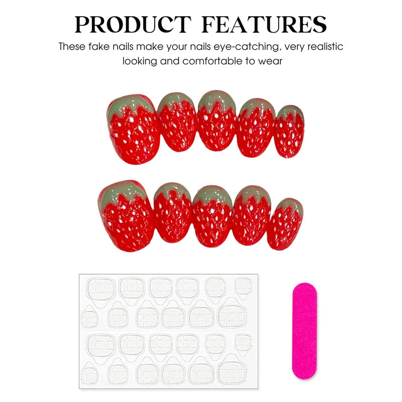 10pcs Short Round Fake Nails with Strawberry and Cat's Eye Design - Press On False Nails