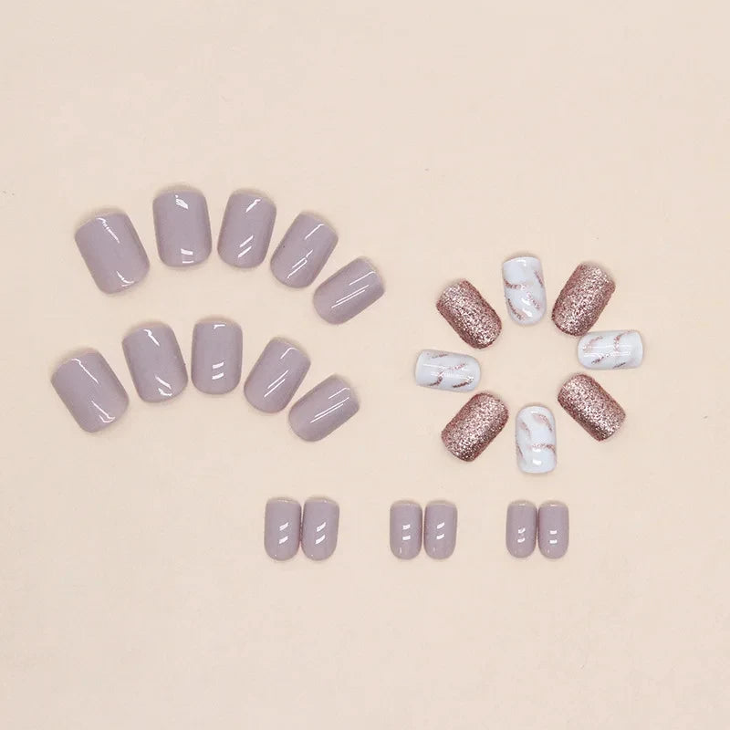 24 Short French Glitter Nail Set with Jelly Gel & Nail File - Glossy False Nails