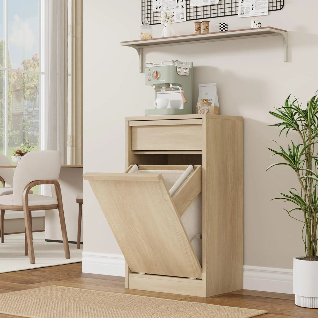 Tilt Out Laundry Hamper Cabinet with Drawer and Removable 10-Gallon Basket