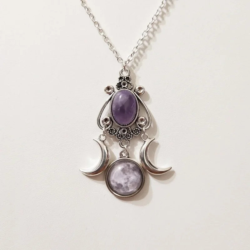 Green Quartz Crystal Necklace for Women Vampire Embossed Witch Jewelry - Multiple Metal Colors