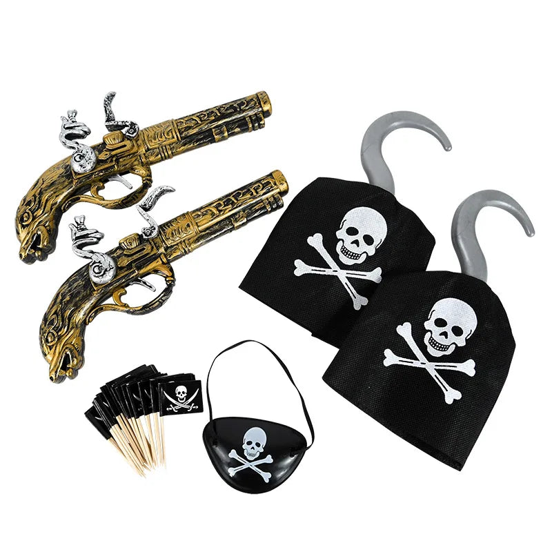 Kids Pirate Cosplay Costume Props Set with Hat Eye Patch Skeleton Hook for Halloween Party