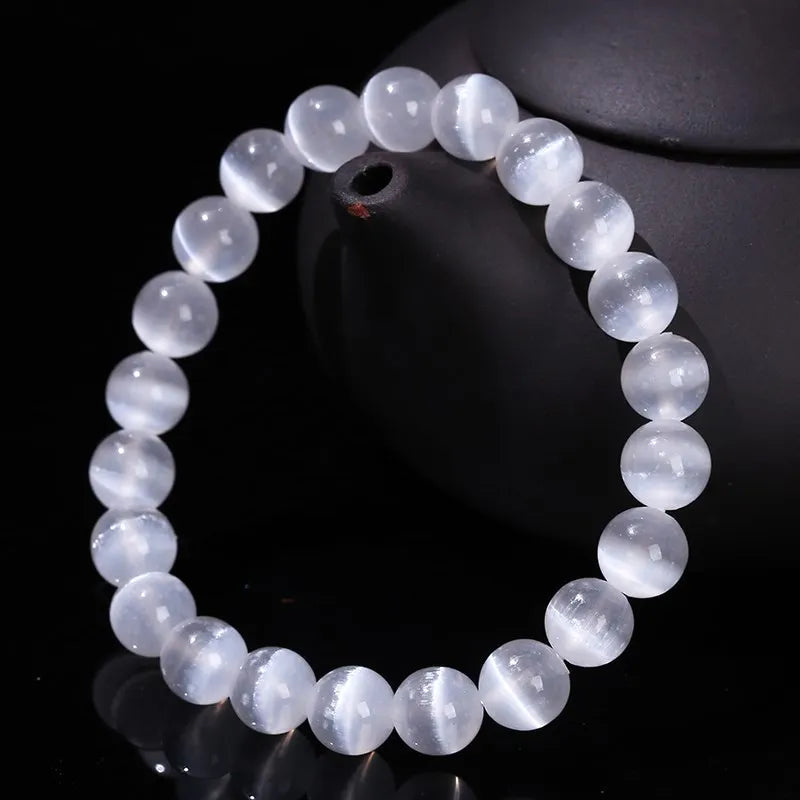 White Selenite Stone Bead Bracelet for Women Men Natural Gypsum Jewelry - Stretch Bangles