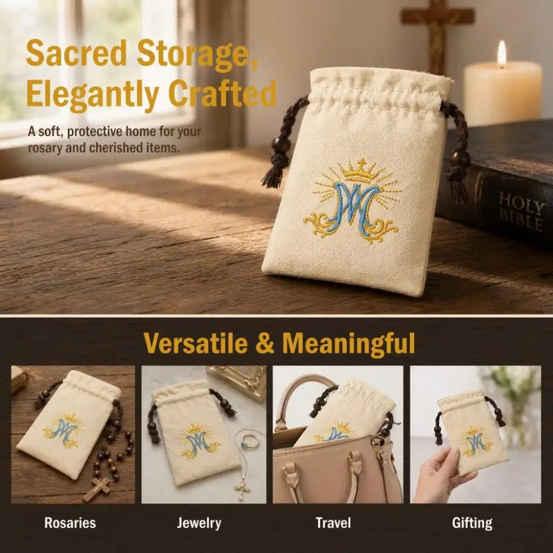 Catholic Rosary Drawstring Pouch - Cotton Canvas Reusable Embroidered Holder