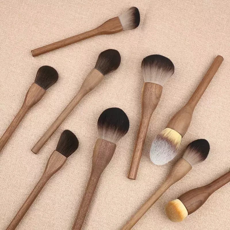 6Pcs Vintage Wood Handle Makeup Brush Set - Soft Powder, Foundation & Contour Tools