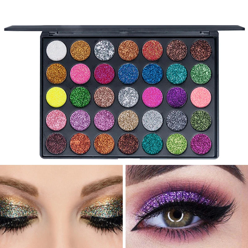 35 Colors Glitter Eyeshadow Palette Waterproof Long Lasting Metallic & Shimmer Makeup