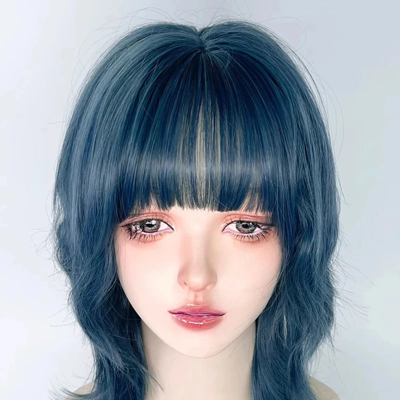 Blue Synthetic Mullet Wig with Bangs Short Straight Cosplay Hair for Parties & Daily Wear