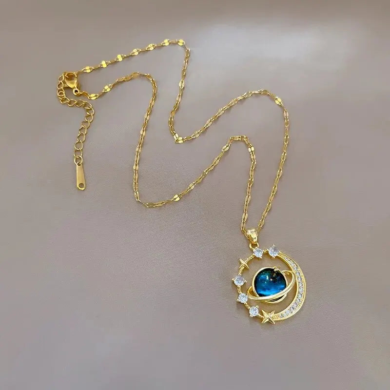 Stainless Steel Starry Sky Necklace with Moon and Planet Pendant - Luxurious Elegant Jewelry