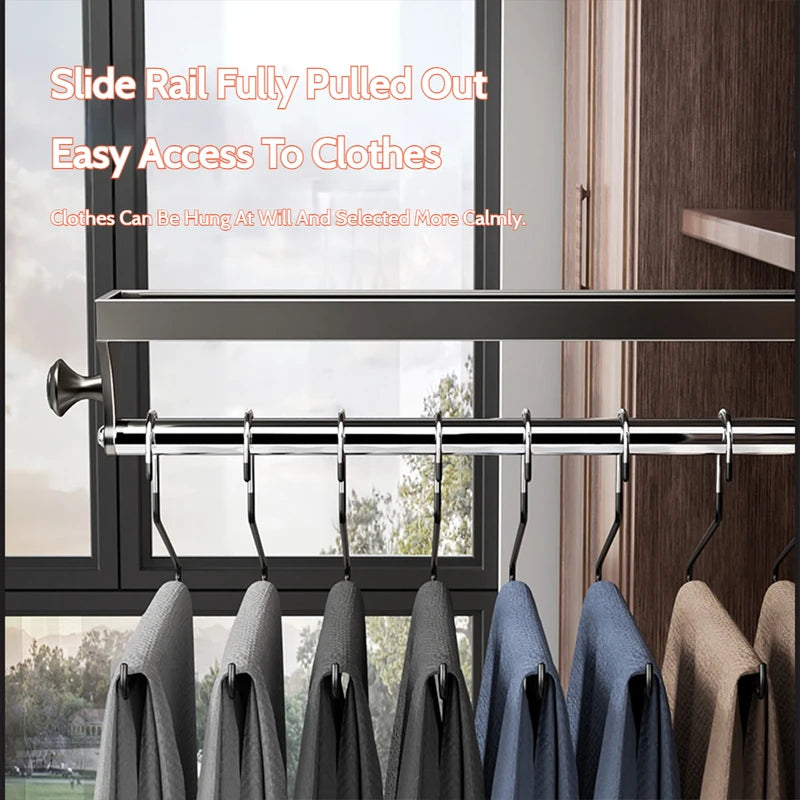 Adjustable Telescopic Closet Clothes Rail - Pull Push Top Mount Hanging Rod