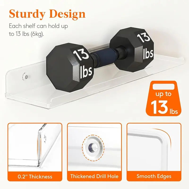 Floating Wall Shelves Set - Acrylic Display Shelves for Books, Decor, Figures, Bathroom & Bedroom
