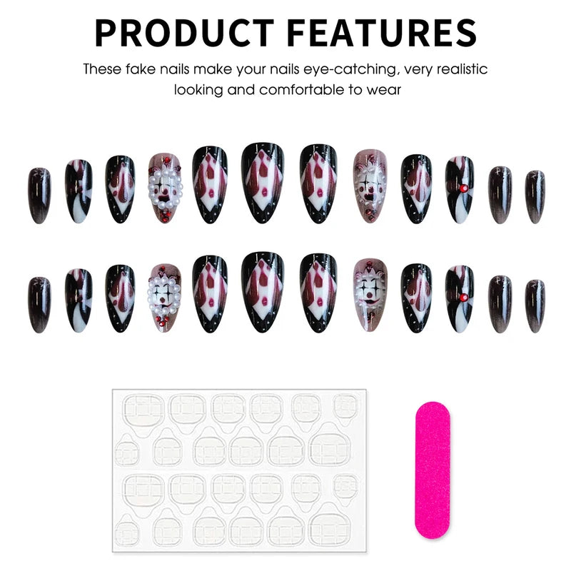 24pcs Halloween Circus Clowns Fake Nails with Blood Drop Spiral Pattern - Press On Nails Set