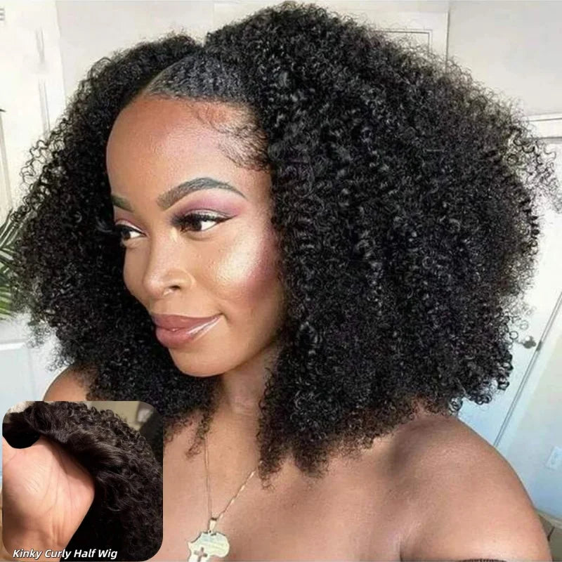 Kinky Curly Half Wig with Clip-Ins & Drawstring Seamless Extensions - Human Hair