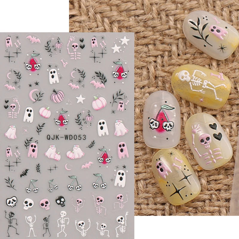 Halloween 3D Nail Art Stickers Ghost Pumpkin Spider Web Bat Manicure Decals