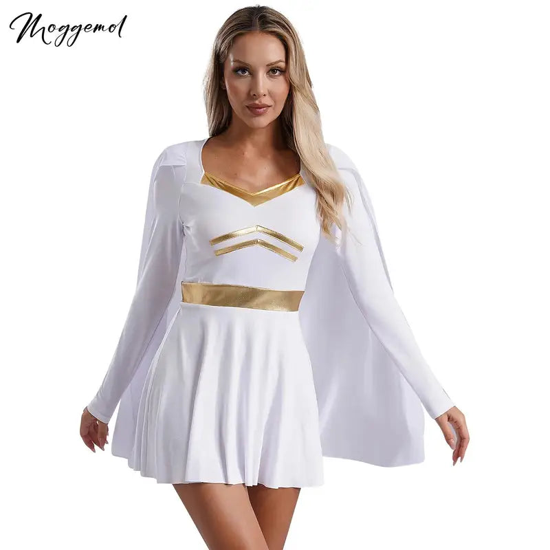 Women’s Halloween Cosplay Costume Dress with Chiffon Cape & Metallic Trim