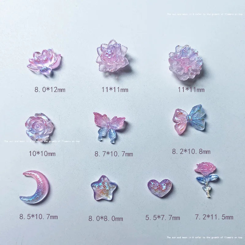 Luminous Nail Art Charms 50pcs Mix Aurora Flower Moon Star Heart Butterfly DIY Decorations