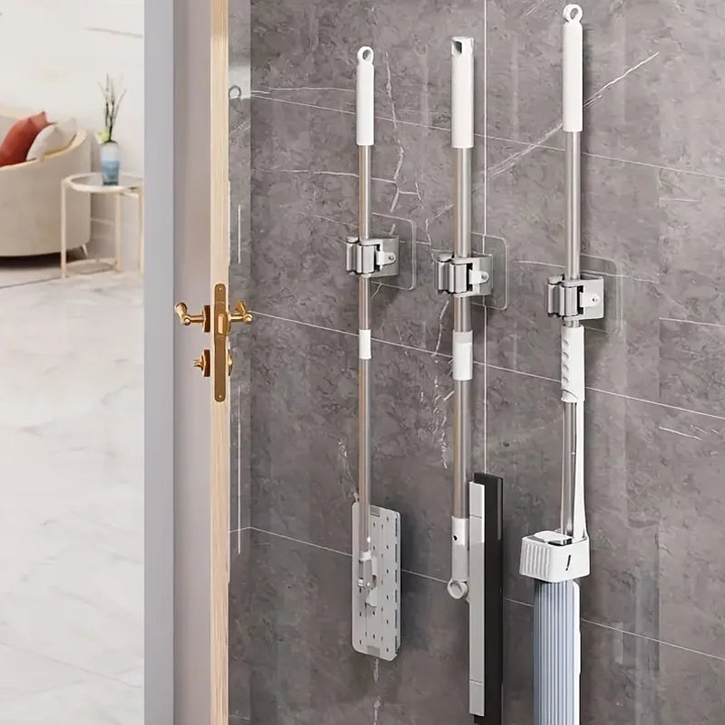 4PCS Non-Punching Mop Holder Clip Bathroom Rack Wall Mount Organizer