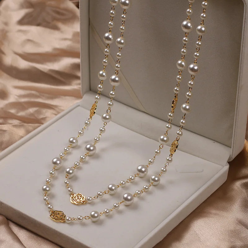 Vintage Lady Camellia Pearl Flower Necklace Double Layer Elegant Jewelry for Women