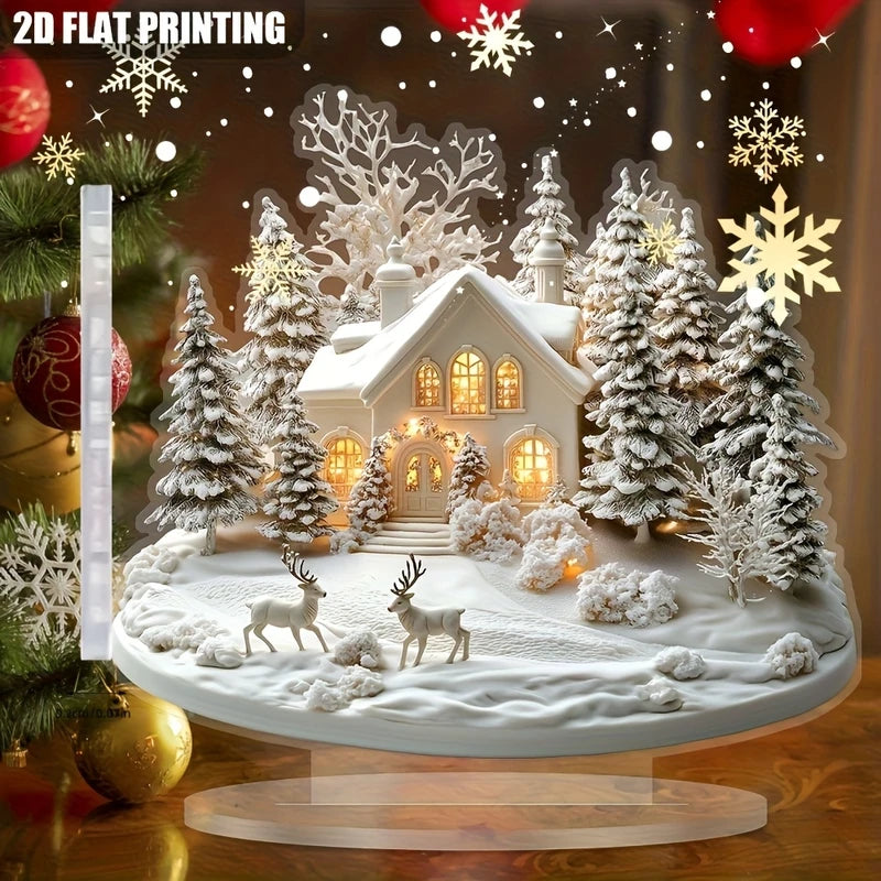 2D Acrylic Christmas Snowhouse & Reindeer Scene Home Decor Ornaments Festive Gift