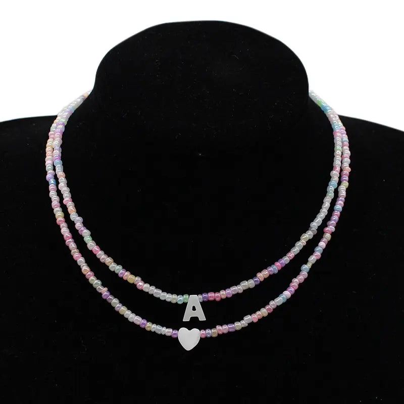 Colorful Seed Beads & Shell Letter Heart Necklace Boho Pendant Jewelry for Women