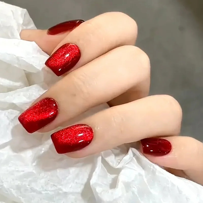 Halloween Sparkling Red Cat Eye Fake Nails - Detachable Press-On Manicure with Glue Wholesale