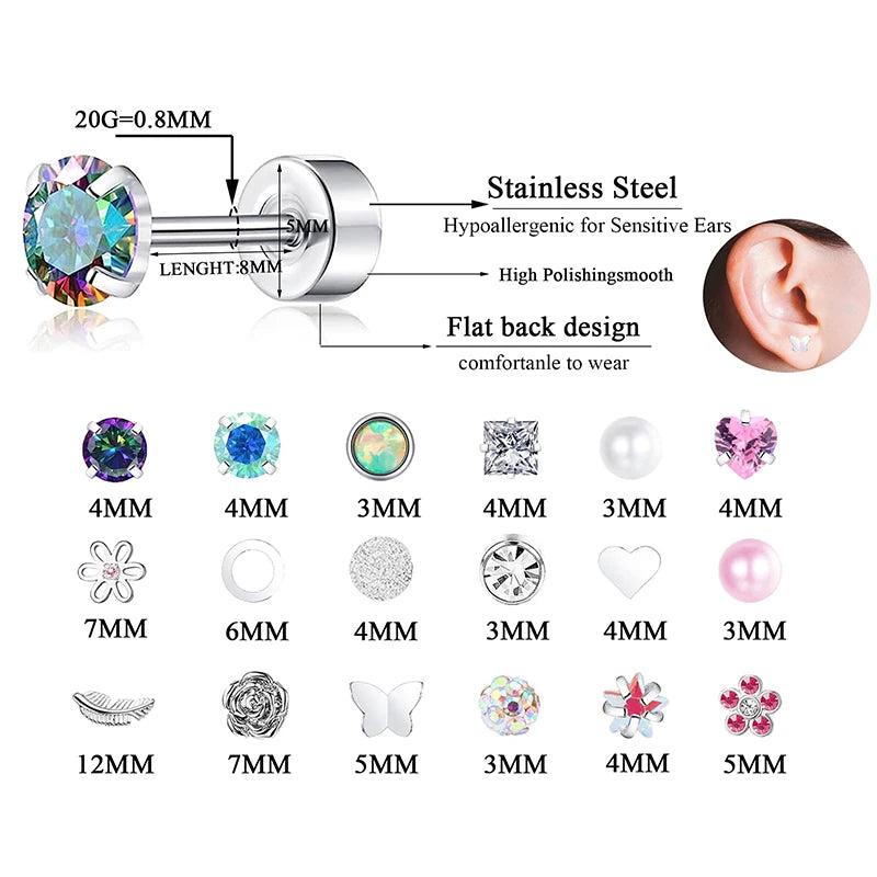 2PCS Stainless Steel Heart Moon Ear Studs - Women’s Tragus Cartilage Earrings