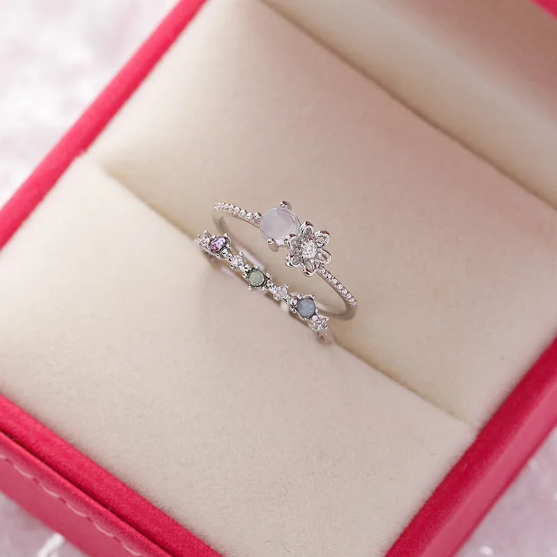Korean Delicate Flowers Rings for Women Girls Micro-Inlaid Crystal Jewelry