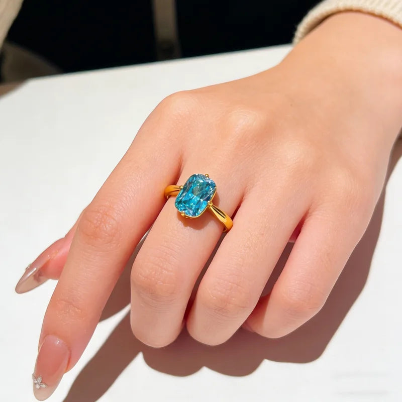 Sterling Silver Square Paraiba & Ocean Blue Diamond Ring for Women