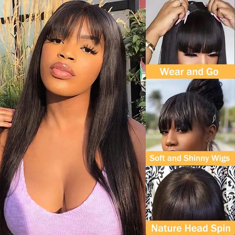 Black Bone Straight Human Hair Wig with Bangs - 30 Inch Brazilian Glueless Lace Wig for Women