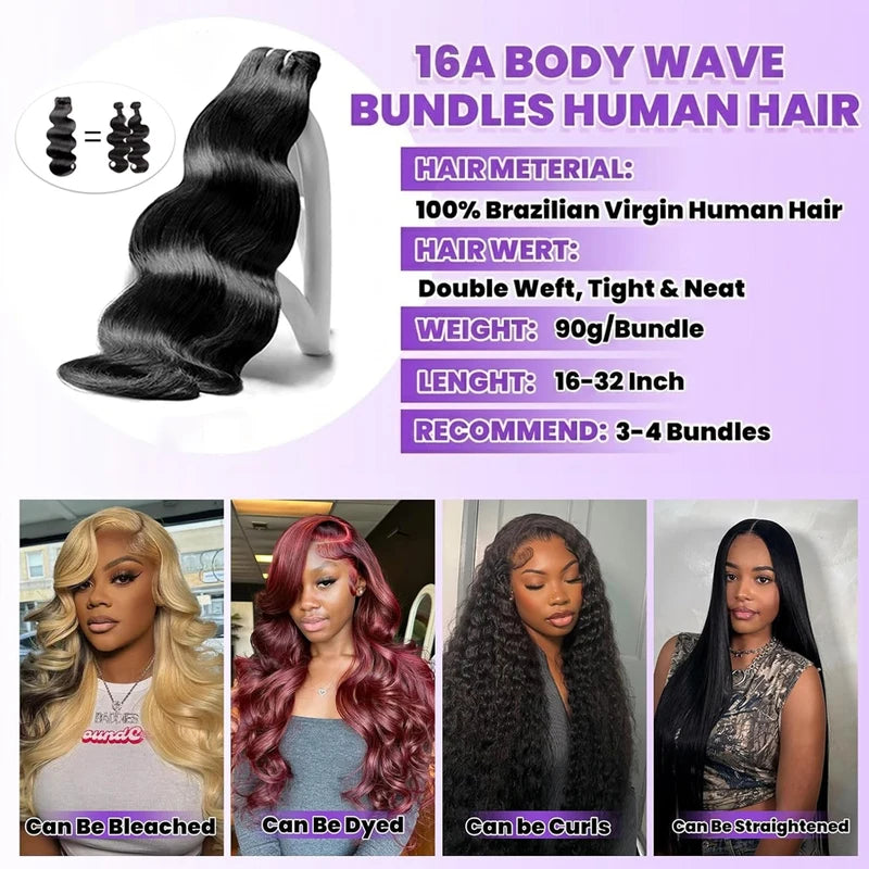 Brazilian Human Hair Bundles - Natural Black, Body Wave, Raw Remy Extensions