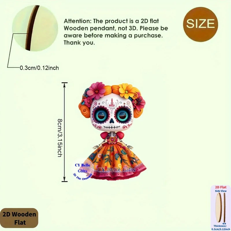 10Pcs Mini 2D Wooden Mexican Candy Doll Hanging Decorations for Halloween Day of The Dead Party Home DIY