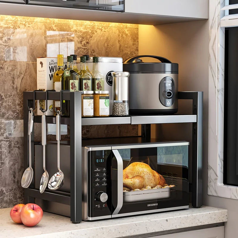 Expandable Microwave Shelf with Hooks, Space-Saving Kitchen Storage Rack 40-64cm