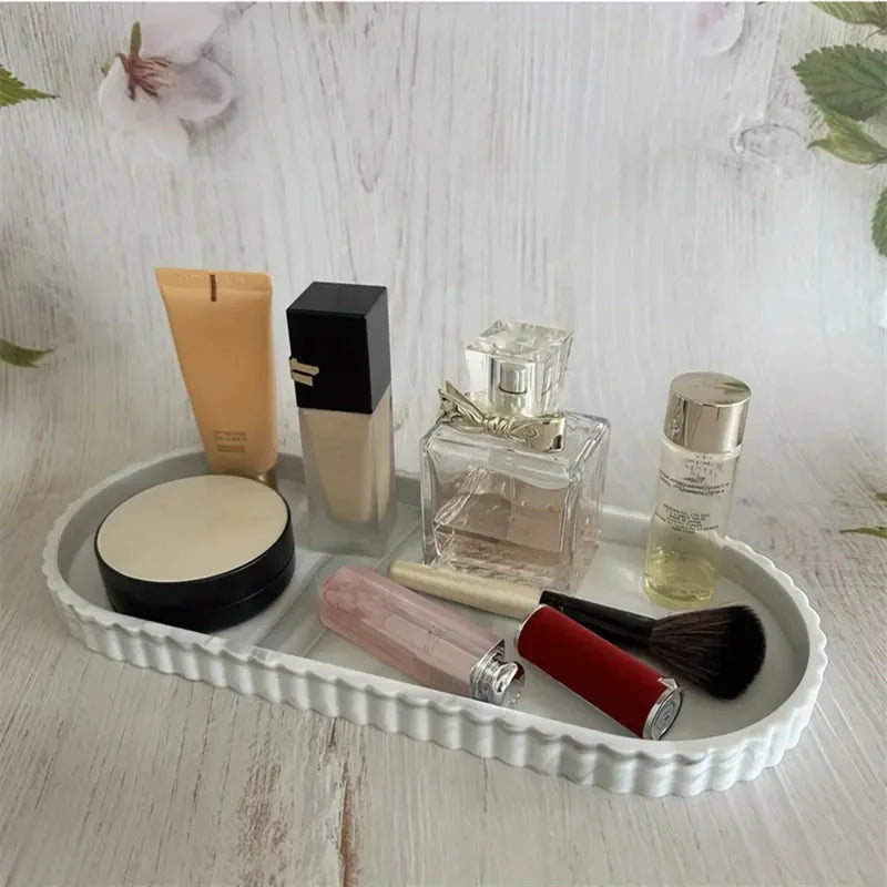 Oval Vanity Tray with Soap Dispenser and Jewelry Display Silicone Bathroom Organizer