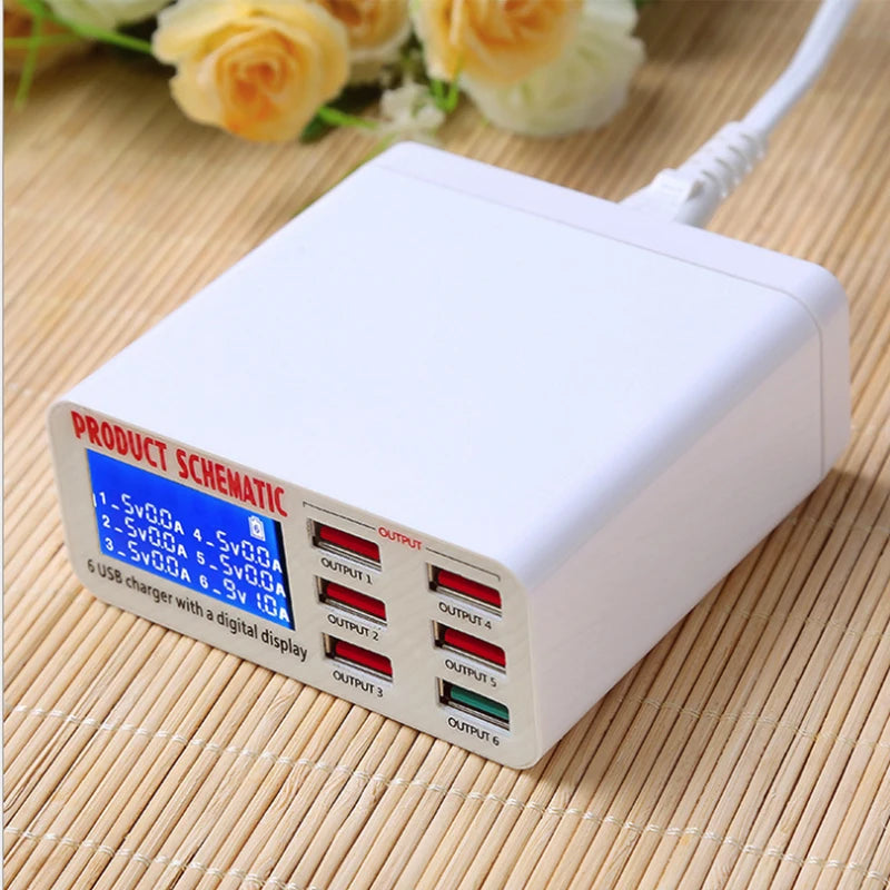 6-Port USB Fast Charger with LCD Display - Smart Phone & Tablet Desktop Power Adapter